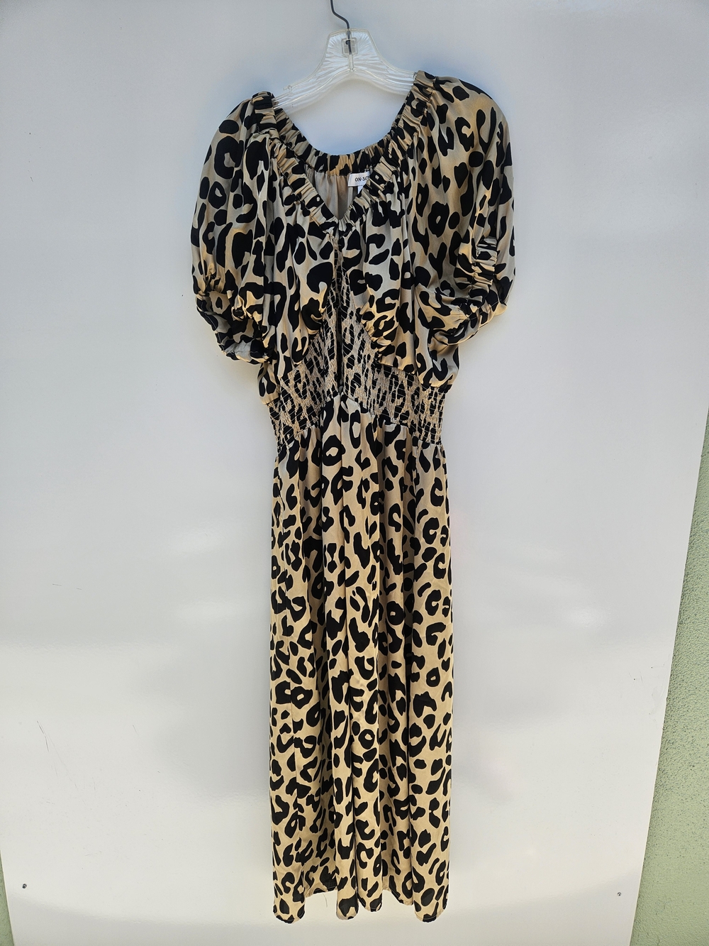 Leopard Print Puff Sleeve Maxi Dress - Beige/Black